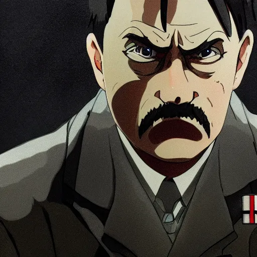 Prompt: a film still portrait of angry hitler, finely detailed features, cinematic lighting, anime key visual, trending on pixiv fanbox, painted by makoto shinkai, studio ghibli, greg rutkowski, wlop