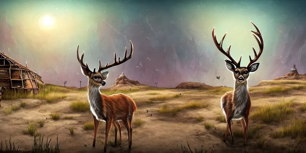 Prompt: a queer deer is visiting a post - apocalyptic town of flower huts in the badlands, matte oil painting, extreme body modification, salt dunes, rust, retrofutistic, science fantasy, rpg, roguelike, epic, plants