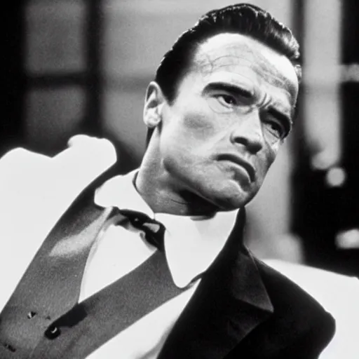 Image similar to film still of arnold schwarzenegger as vito corleone