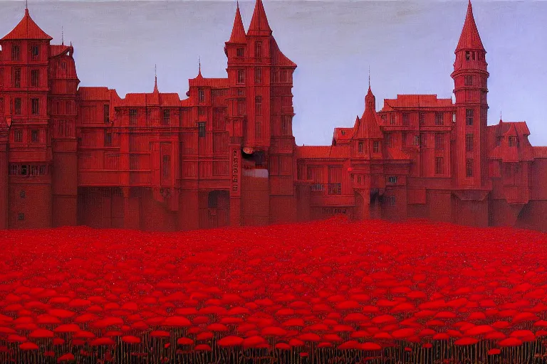 Image similar to only with red, red flowers of different types, red castle in background, red medieval big goblins, in the style of beksinski, parts by edward hopper, parts by rodcenko, parts by yue minjun, intricate and epic composition, red by caravaggio, insanely quality, highly detailed, masterpiece, red light, artstation, 4 k