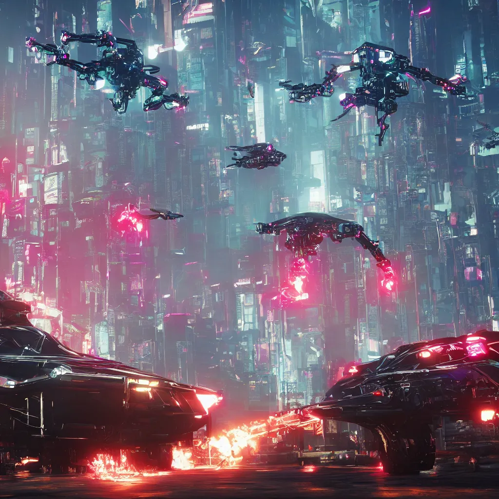 Prompt: evil cyberdrone, punkdrone, looming drone, hovering drone, deadly drone, Cyberpunk 2077. CP2077. 3840 x 2160