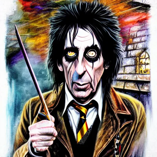 Prompt: graphic illustration, creative design, alice cooper as harry potter, biopunk, francis bacon, highly detailed, hunter s thompson, concept art