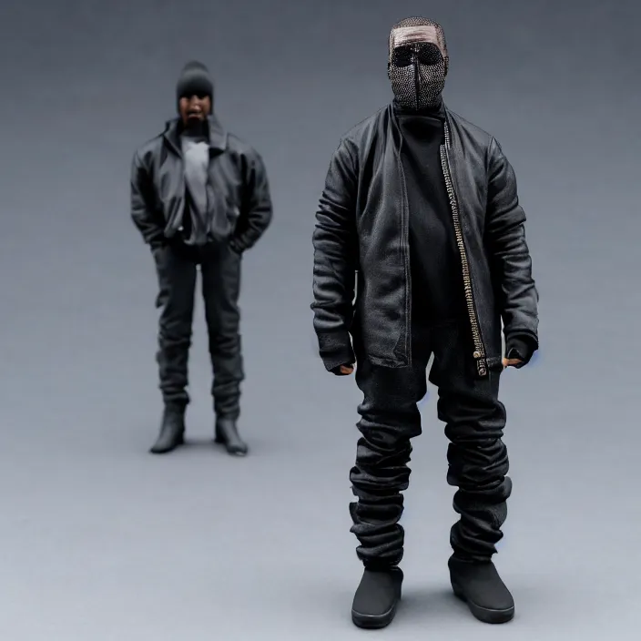 Image similar to kanye west using a face covering black mask with small little holes, a black shirt, a yeezy gap blue round jacket and big black rubber boots, a hot toys figure of kanye west using a black mask with small little holes, a black shirt, a yeezy gap blue round jacket and big black rubber boots and big black rubber boots, figurine, detailed product photo