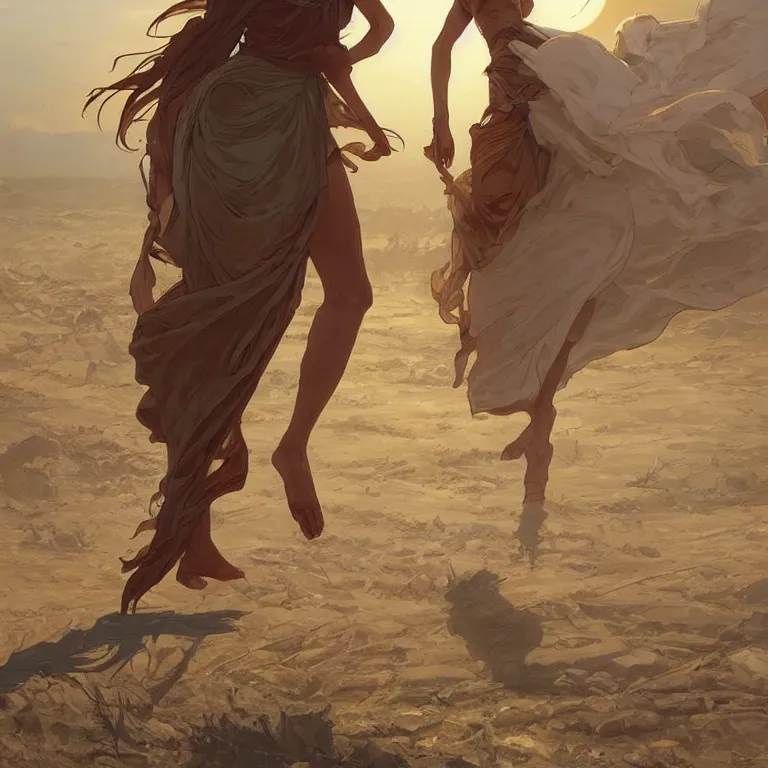 Prompt: A greek goddess trudging across a vast desert under an unrelenting sun. award winning. superb resolution. in the art style of greg rutkowski and alphonse mucha. Detailed post-apocalyptic wasteland in background. Hyper realistic. Perfect art.