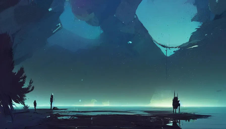 Prompt: concept art by jama jurabaev and ismail inceoglu and sparth, cel shaded, cinematic shot, trending on artstation, high quality, brush stroke, vibrant colors, night under the starry sky, the lake surface of the crater is dotted with stars, and fluorescent petals fall in the picture