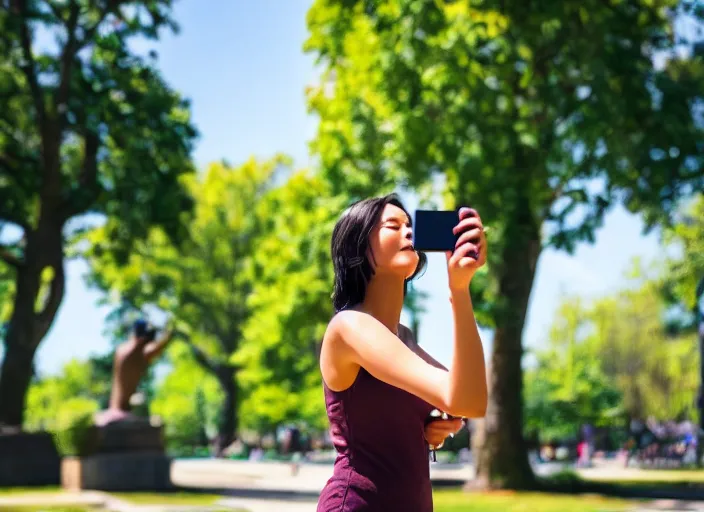 Image similar to photo still of a bronze statue of a woman using an iphone to take a selfie in a park on a bright sunny day, 8 k 8 5 mm f 1 6