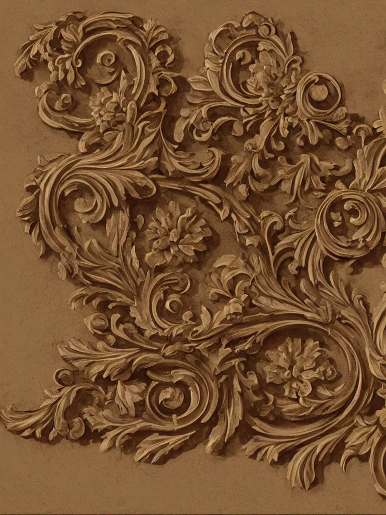 Image similar to a beautiful and masterful engraving decorative ornamental emblem, acanthus, floral, acroteria, arabesque, bead and reel, beams, bocage, cartouche, caulicoli, dentils, eagle, rendered in octane