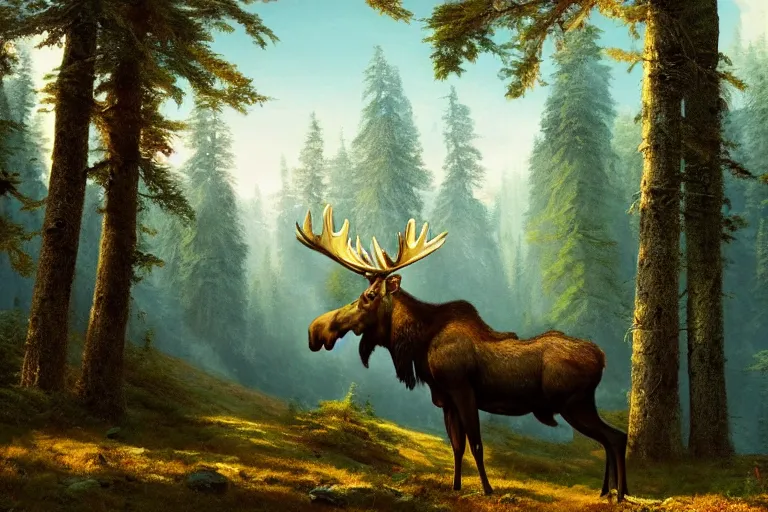 Image similar to a moose in the forest, beautiful dynamic lighting, cinematic, wide angle establishing shot, extremely high detail, photo realistic, cinematic lighting, post processed, concept art, artstation, matte painting, style by frederic church, raphael lacoste