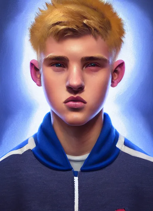 Image similar to portrait of high school senior boy named big moose, blonde short hair, jock, beefy, wide face, square jaw, square facial structure, blue varsity jacket with letter r, intricate, elegant, glowing lights, highly detailed, digital painting, artstation, concept art, sharp focus, illustration, art by wlop, mars ravelo and greg rutkowski