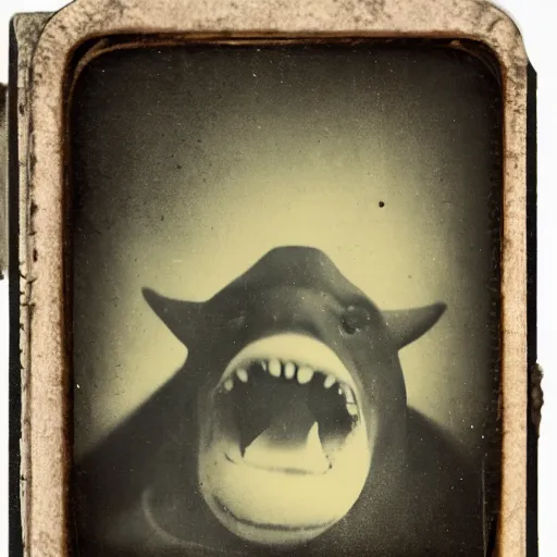 Image similar to demonic whale smiling, portrait, picture, tintype.