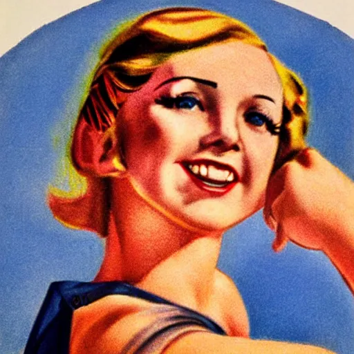 Prompt: a 1 9 2 0 s ultra - realistic color portrait. happy, healthy, beautiful, smiling, young, sporty, blonde, blue - eyed symmetric rosie the riveter in decent athletic wear. hyper - realistic detailed drawing