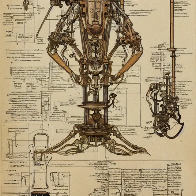 Image similar to detailed, intricate technical drawings on parchment from 1 8 4 0, with labels and notes, for a beautiful, symmetric, art nouveau robotic arm holding a paintbrush, by ron cobb and alphonse mucha