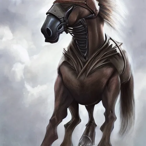 Image similar to an enormously muscular anthropomorphized horse in a research facility wearing a skintight body armor, long white mane, equine, anthro art, furaffinity, highly detailed, digital painting, artstation, concept art, illustration, art by artgerm, greg rutkowski, ruan jia