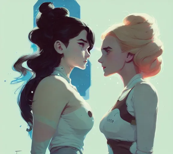 Image similar to portrait elza and anna by atey ghailan, by greg rutkowski, by greg tocchini, by james gilleard, by joe fenton, by kaethe butcher, dynamic lighting, gradient light blue, brown, blonde cream and white color scheme, grunge aesthetic