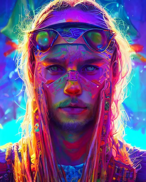 Image similar to colorful detailed portrait of a hippie, set in the future 2 1 5 0 | highly detailed | very intricate | symmetrical | professional model | cinematic lighting | award - winning | painted by mandy jurgens | pan futurism, dystopian, bold colors, cyberpunk, groovy vibe, anime aesthestic | featured on artstation