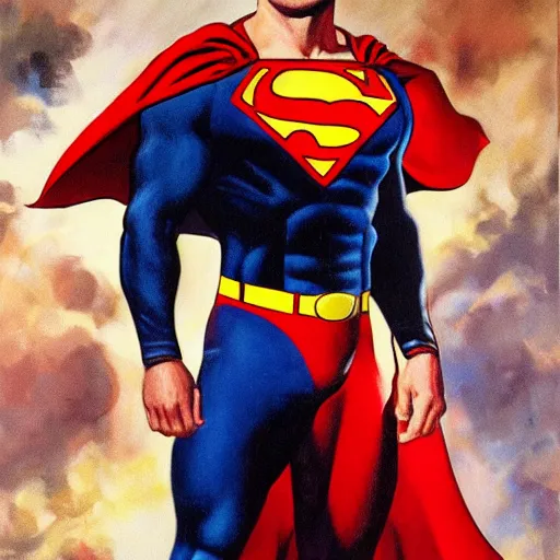 Image similar to ultra realistic portrait painting of tom selleck as superman, art by frank frazetta, 4 k, ultra realistic, highly detailed, epic lighting