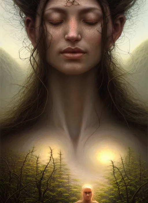 Image similar to closeup portrait shot of a meditation in nature in a scenic dystopian environment, intricate, elegant, highly detailed, centered, digital painting, artstation, concept art, smooth, sharp focus, illustration, artgerm, tomasz alen kopera, peter mohrbacher, donato giancola, joseph christian leyendecker, wlop, boris vallejo