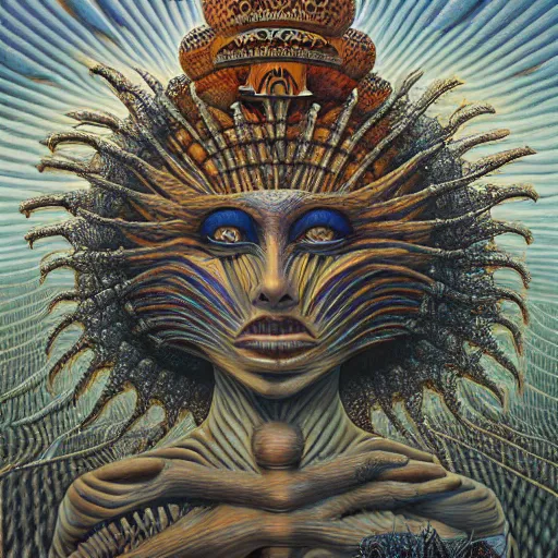 Image similar to THE QUEEN OF THE SUN by jacek yerka, alex gray, zdzisław beksiński, dariusz zawadzki, jeffrey smith and h.r. giger, oil on canvas, 8k highly professionally detailed, trending on artstation