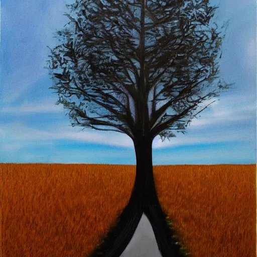 Image similar to a tree that grows around and protects a running girl, her tears feed the tree, painting, dark optimism