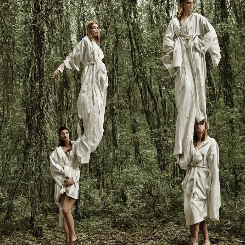 Prompt: a woman with a robe made of wire in a forest, vogue magazine