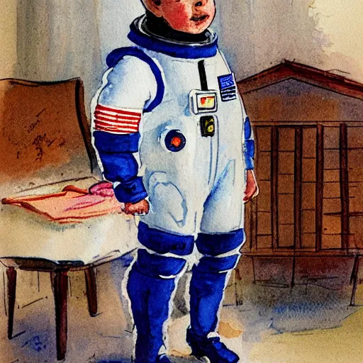 Image similar to Orville Houghton Peet and William Simpson and Jean Gautier watercolor painting sketch of a boy super scientist in a retro home made astronaut suit