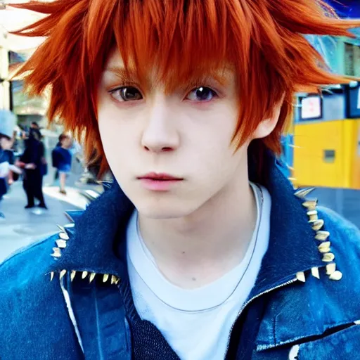 Image similar to orange - haired anime boy, 1 7 - year - old anime boy with wild spiky hair, wearing blue jacket, shibuya street, bright sunshine, strong lighting, strong shadows, vivid hues, raytracing, sharp details, subsurface scattering, intricate details, hd anime, high - budget anime movie, 2 0 2 1 anime