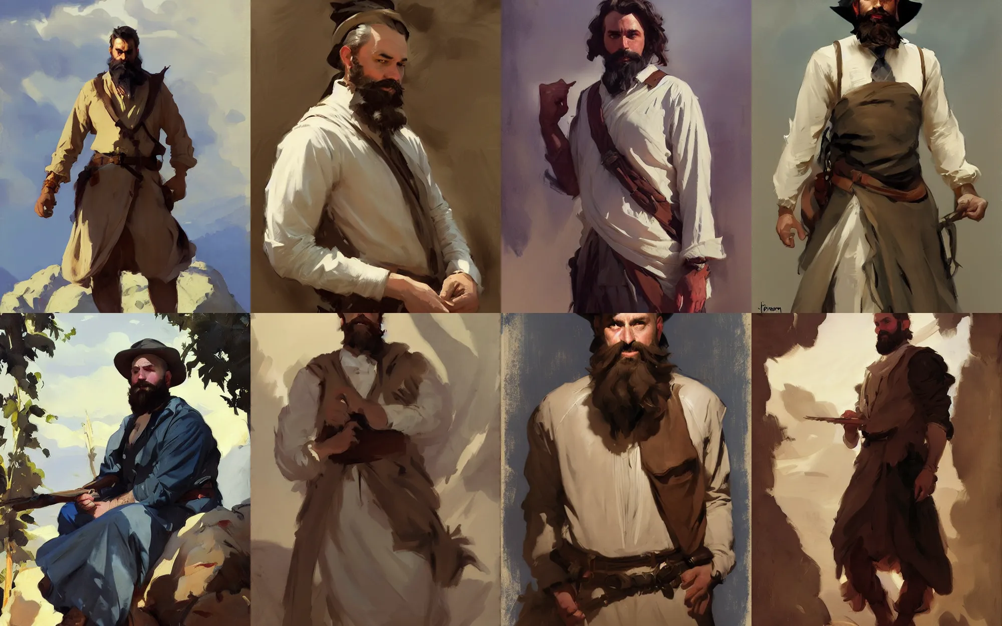 Prompt: portrait of bearded man traveler in dress cloth greg manchess painting by by sargent and leyendecker, d & d, fantasy, medium shot, asymmetrical, intricate, elegant, matte painting, illustration, hearthstone, by greg rutkowski, by greg tocchini, by james gilleard, by joe fenton