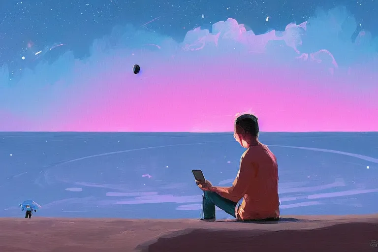 Image similar to astronaut sitting at the beach watching his phone on a pink, blue, purple alien planet watching the sunset, surreal photography, dark night, stars, moon light, impressionist painting, clouds, digital painting, artstation, simon stalenhag