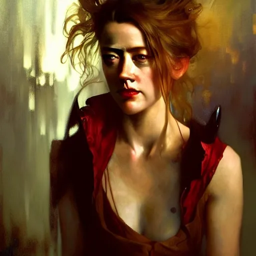 Prompt: hyperrealistic portrait of a woman as amber heard dining in hell by jeremy mann and alphonse mucha, fantasy art, photo realistic, dynamic lighting, artstation, poster, volumetric lighting, very detailed faces, 4 k, award winning