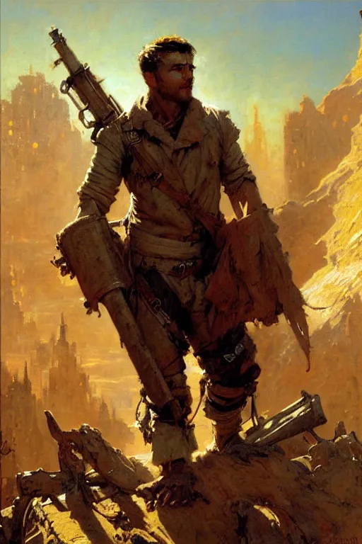 Image similar to attractive male, post - apocalyptic, painting by gaston bussiere, craig mullins, j. c. leyendecker