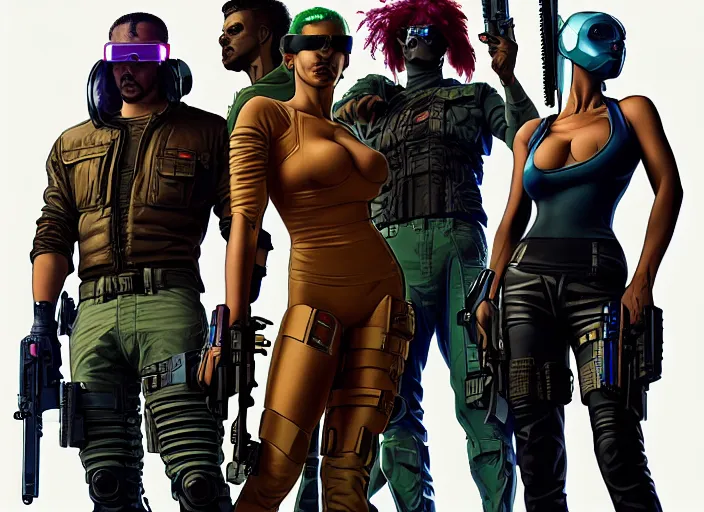 Image similar to cyberpunk mercenary team. portrait by stonehouse and mœbius and will eisner and gil elvgren and pixar. character design. realistic proportions. cyberpunk 2 0 7 7 character art, blade runner 2 0 4 9 concept art. cel shading. attractive face. thick lines. the team. diverse characters. artstationhq.