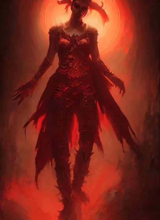 Prompt: diablo 4 lilith, red tones, beautiful face, rule of thirds, intricate outfit, spotlight, by greg rutkowski, by jeremy mann, digital painting