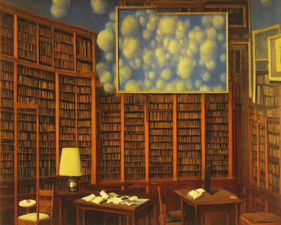 Prompt: achingly beautiful painting of a sophisticated, well - decorated library by rene magritte, monet, and turner.