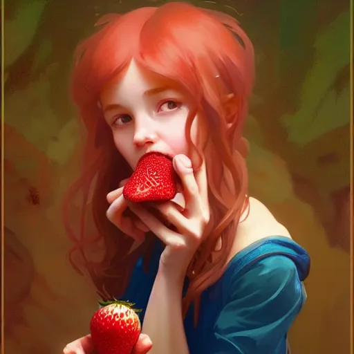 Prompt: Portrait of Madeline from celeste eating a strawberry, highly detailed, digital painting, artstation, concept art, sharp focus, illustration, art by greg rutkowski and alphonse mucha