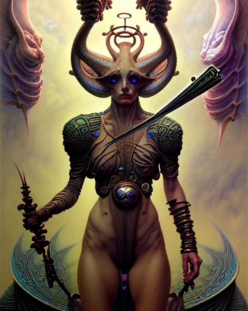 Prompt: strength the tarot card, fantasy character portrait made of fractals, ultra realistic, wide angle, intricate details, the fifth element artifacts, highly detailed by peter mohrbacher, hajime sorayama, wayne barlowe, boris vallejo, aaron horkey, gaston bussiere, craig mullins