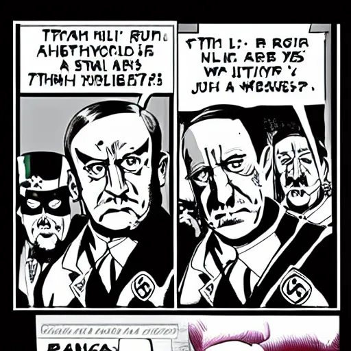 Image similar to comic book of angry jews with lightsabers and adolf hitler accurate eyes high detail