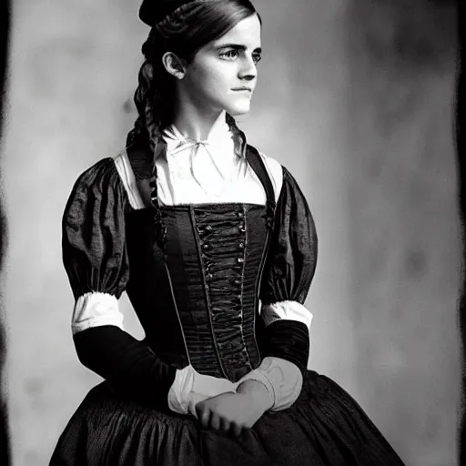 Image similar to emma watson 1 8 0 0 s saloon, black - and - white photo,