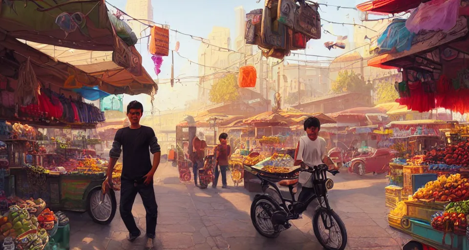 Image similar to highly detailed portrait young man mexican vendor in gta v, street market, happy ambience, stephen bliss, unreal engine, fantasy art by greg rutkowski, loish, rhads, ferdinand knab, makoto shinkai and lois van baarle, ilya kuvshinov, rossdraws, tom bagshaw, global illumination, detailed and intricate environment