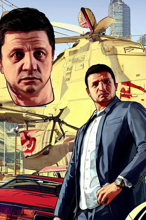 Prompt: GTA V cover art starring Volodymyr Zelensky, starring Volodymyr Zelensky