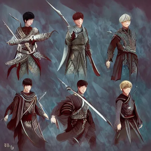 Image similar to korean pop boy band as lord of the rings characters, realistic, digital art, artstation, intricate armor, elegant