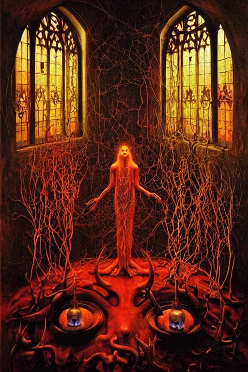 Prompt: the church of chaos magick honours aleister crowley, hyperrealism, symbolism, symmetry, do what thou wilt, subject centered in frame, rule of thirds, stunning neon lighting, demonic summoning, very detailed surreal impressionist painting by jan van eyck and beksinski and greg rutkowski and kim jung gi