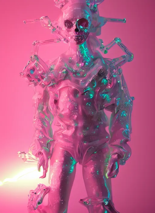 Image similar to photo of fullbodied baroque and bladerunner delicate neon diamond sculpture of seductive ceramic albino marble prince brian whittaker dotado mint iridescent humanoid deity wearing pink plastic fluffy hoody holding diamond skull in a white alien dungeon, reclining, glowing magenta face, crown of white diamonds, cinematic lighting, photorealistic, octane render 8 k depth of field 3 d