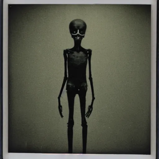 Prompt: Old polaroid of a dark spindly figure standing at the end of a dim hallway, liminal, creepypasta