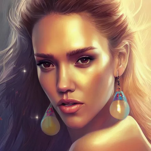 Prompt: Jessica alba with large earrings, Charlie Bowater art style, digital fantasy portrait