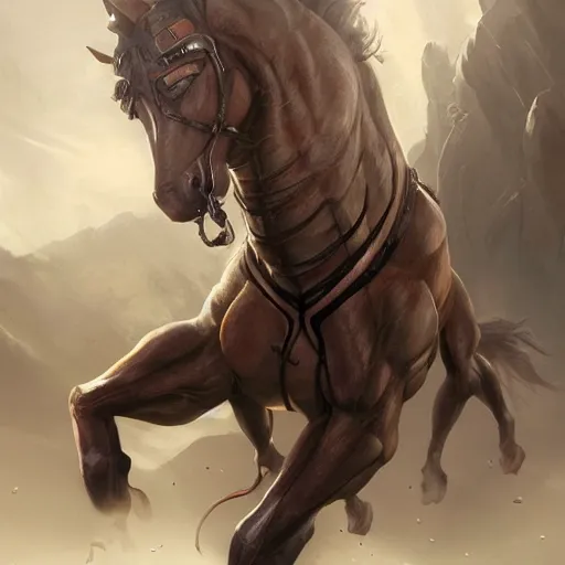 Image similar to a musclebound anthropomorphized horse with mountainously bulging muscles wearing a tight leather battle outfit while protecting a facility, equine, highly detailed, digital painting, artstation, sharp focus, game art, concept art, illustration, art by artgerm, greg rutkowski, wlop