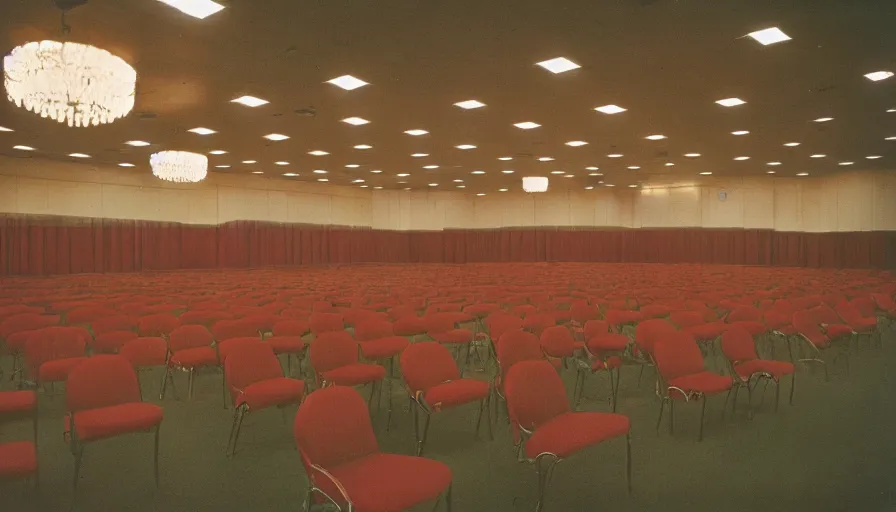 Prompt: 60s movie still of a sovietic stalinist style empty wide ballroom with chairs, cinestill 800t 50mm eastmancolor, liminal Space style, heavy grain-s 150