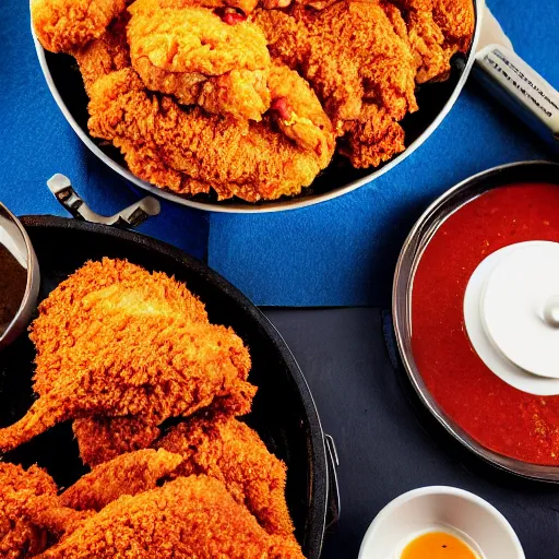 Image similar to photograph of a fried chicken and funnel cake basket, Buffalo sauce on the side, 4K, HD