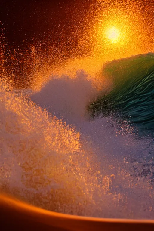 Prompt: Photo Print of a Wave, golden hour, summer, volumetric lighting, award winning, high resolution.