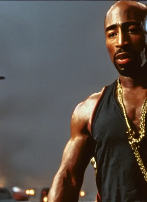 Image similar to film still of Tupac as John McClane in Die Hard, 4k