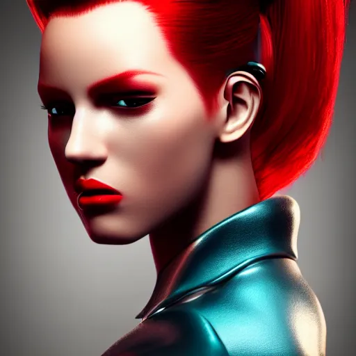 Image similar to Model-looking woman in color, cyberpunk era 2077, red hair, coral lips blue shadow, Edward Hopper style